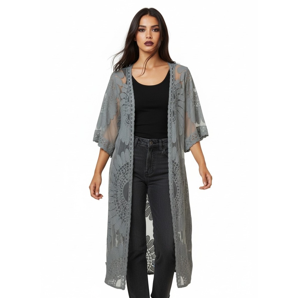 Gray Boho Lace Duster Cardigan Sheer Kimono Whimsigoth Mesh Festival Romantic S